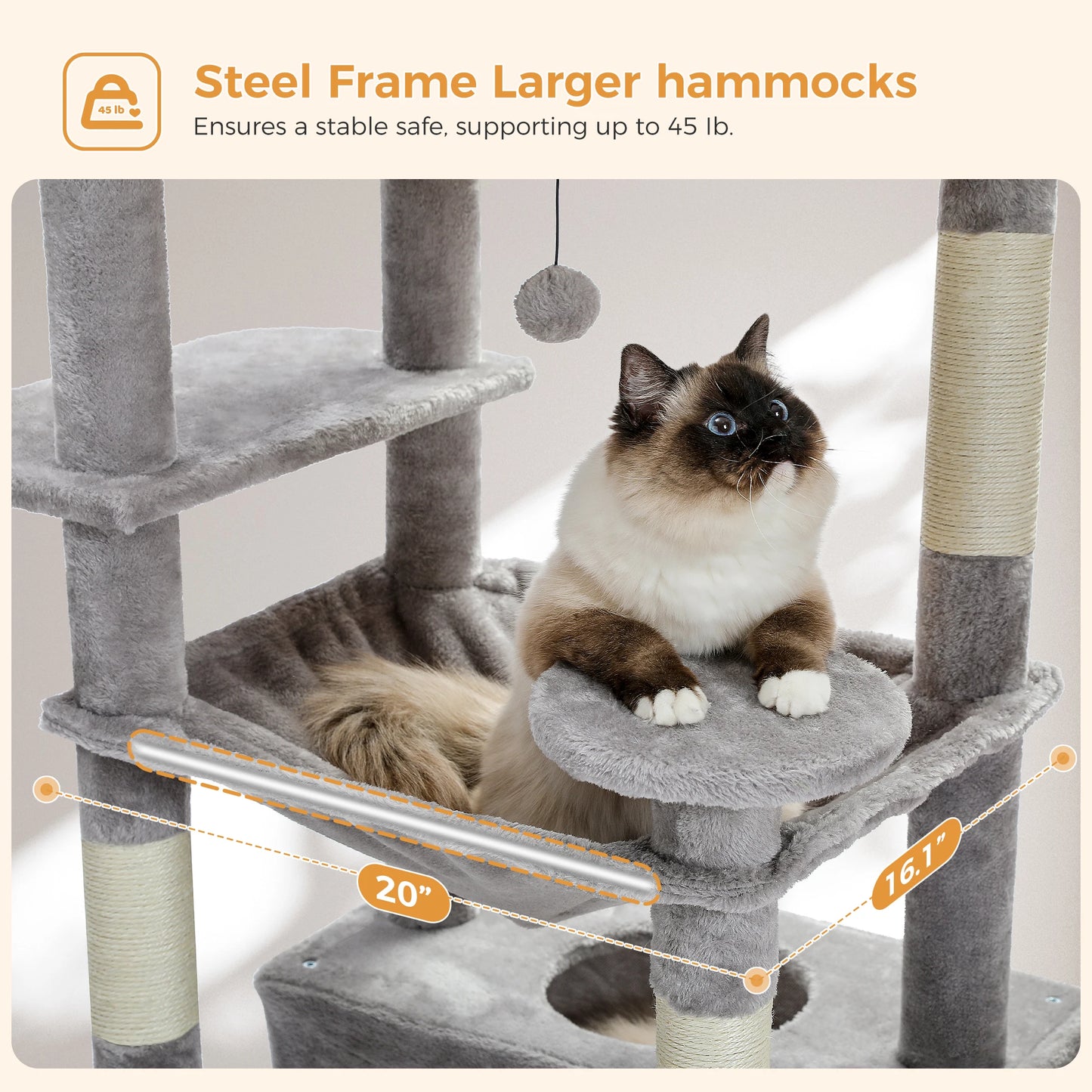 Large Cat Tree & Tower – Indoor Cats Playhouse with Scratching Posts, Hammock, Padded Perches & Condos