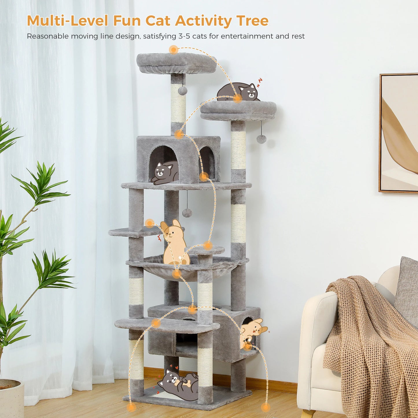 Large Cat Tree & Tower – Indoor Cats Playhouse with Scratching Posts, Hammock, Padded Perches & Condos
