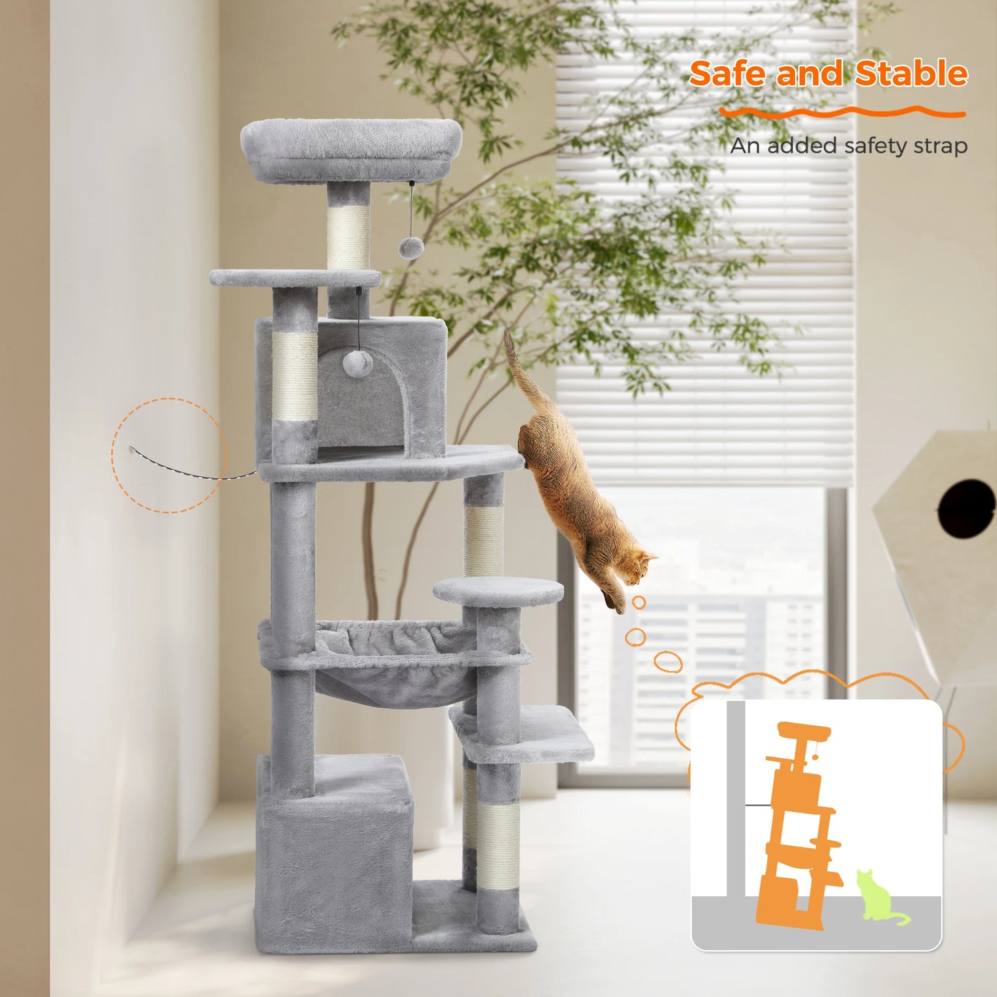 Large Cat Tree & Tower – Indoor Cats Playhouse with Scratching Posts, Hammock, Padded Perches & Condos