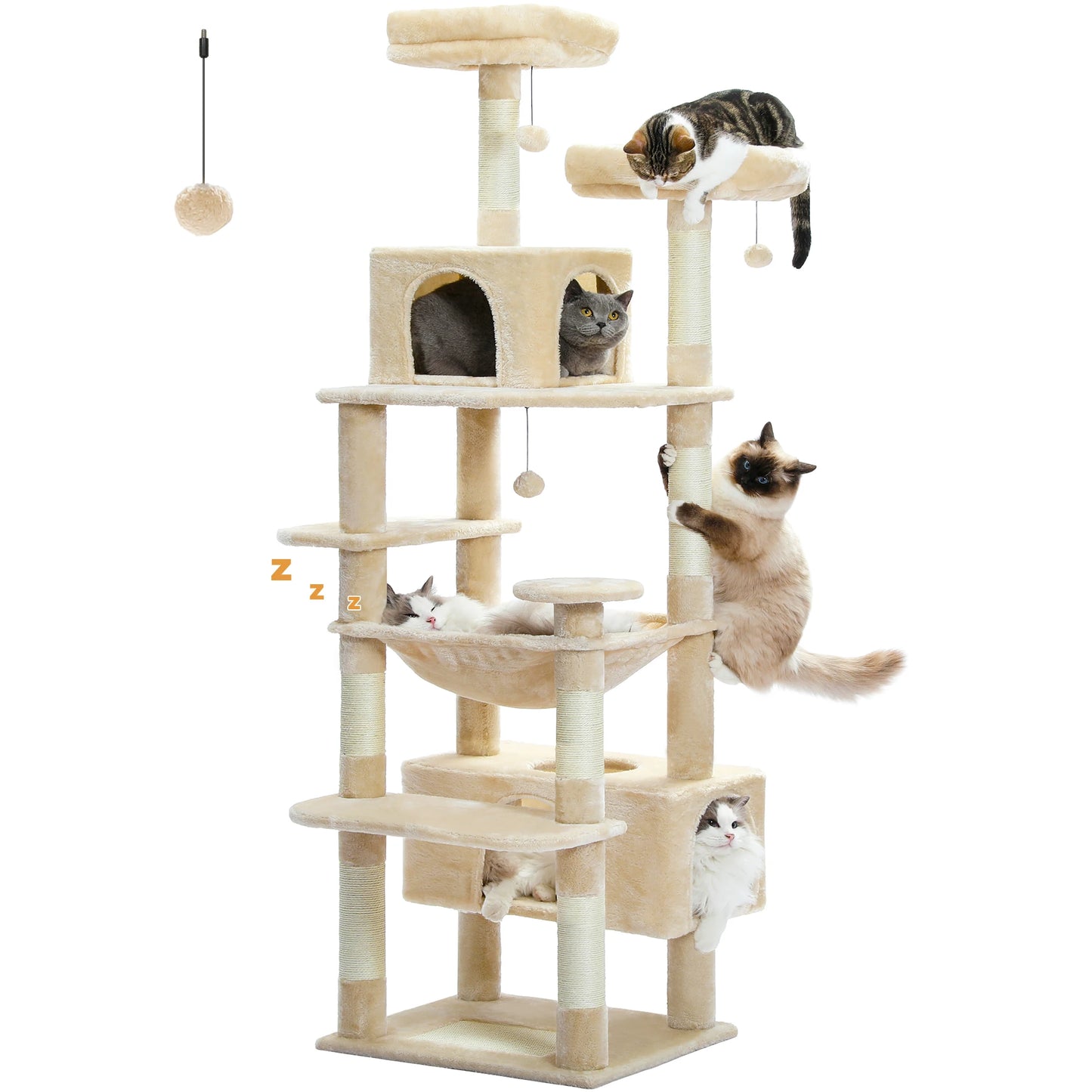 Large Cat Tree & Tower – Indoor Cats Playhouse with Scratching Posts, Hammock, Padded Perches & Condos