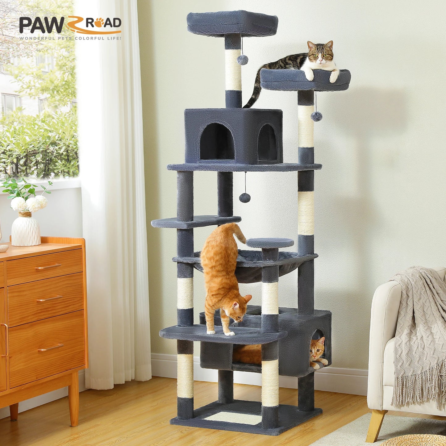 Large Cat Tree & Tower – Indoor Cats Playhouse with Scratching Posts, Hammock, Padded Perches & Condos