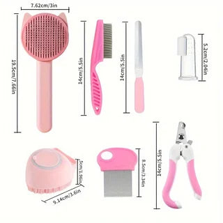 8-Piece Cat Grooming Kit – Self-Cleaning Brushes, Nail Clippers, Flea Comb & Pet Shampoo Bath Brush Pet Shedding