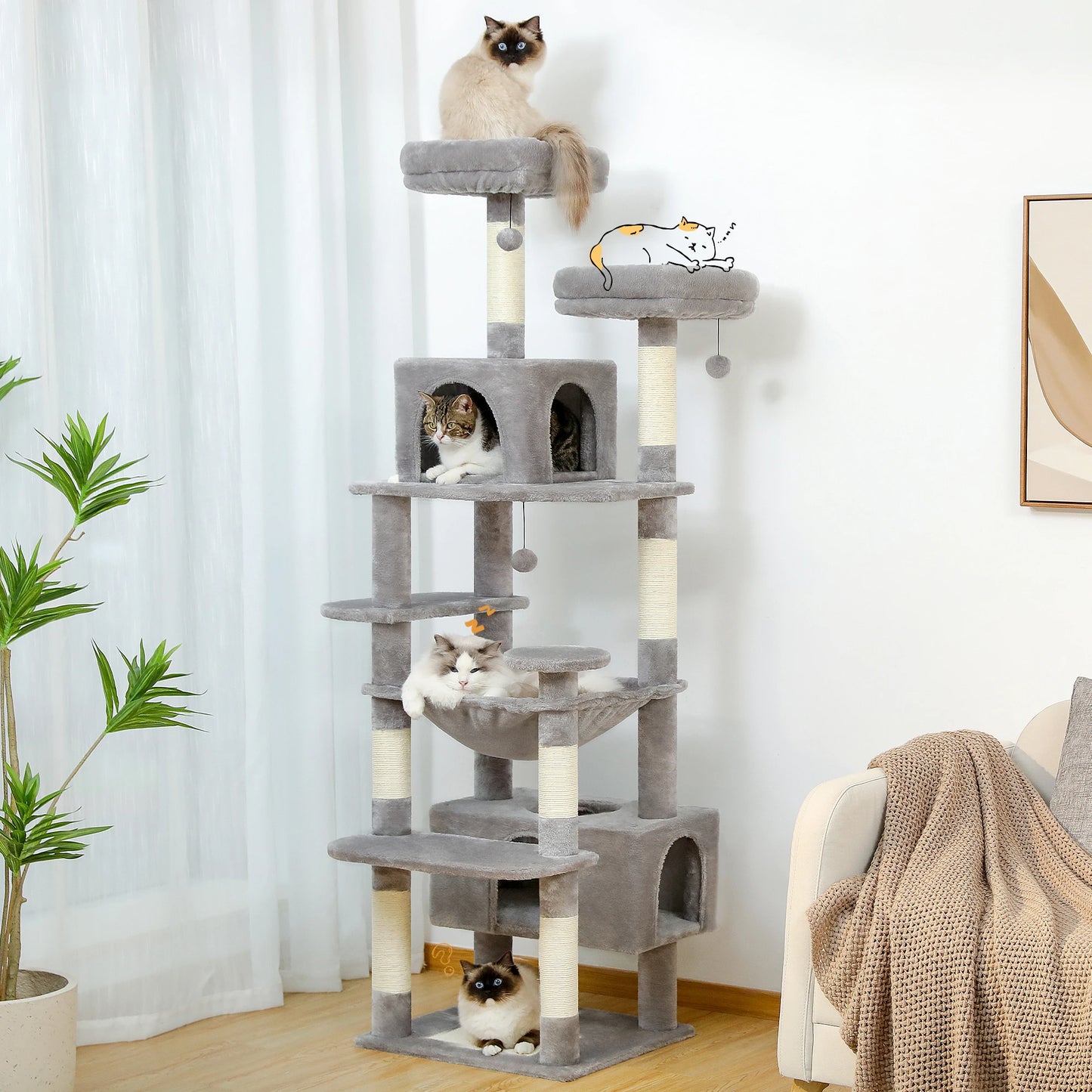 Large Cat Tree & Tower – Indoor Cats Playhouse with Scratching Posts, Hammock, Padded Perches & Condos