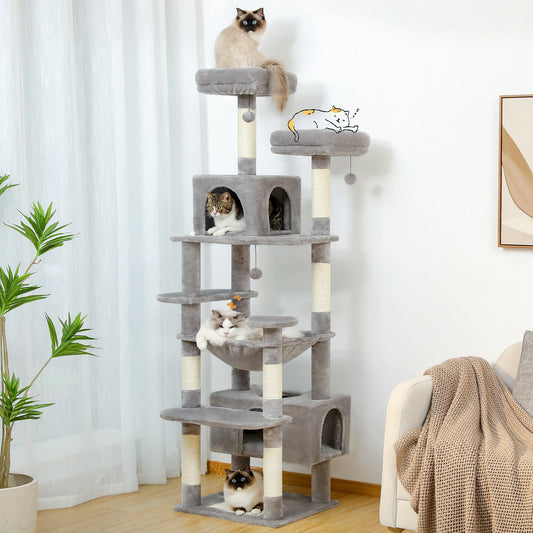 Large Cat Tree & Tower – Indoor Cats Playhouse with Scratching Posts, Hammock, Padded Perches & Condos