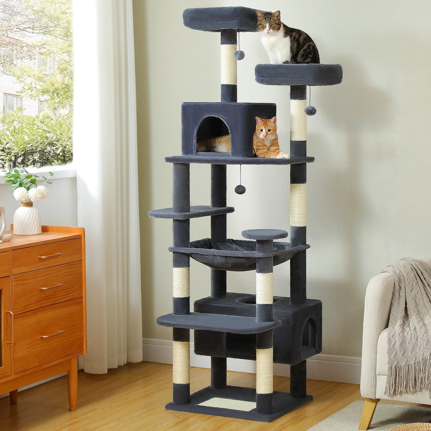Large Cat Tree & Tower – Indoor Cats Playhouse with Scratching Posts, Hammock, Padded Perches & Condos