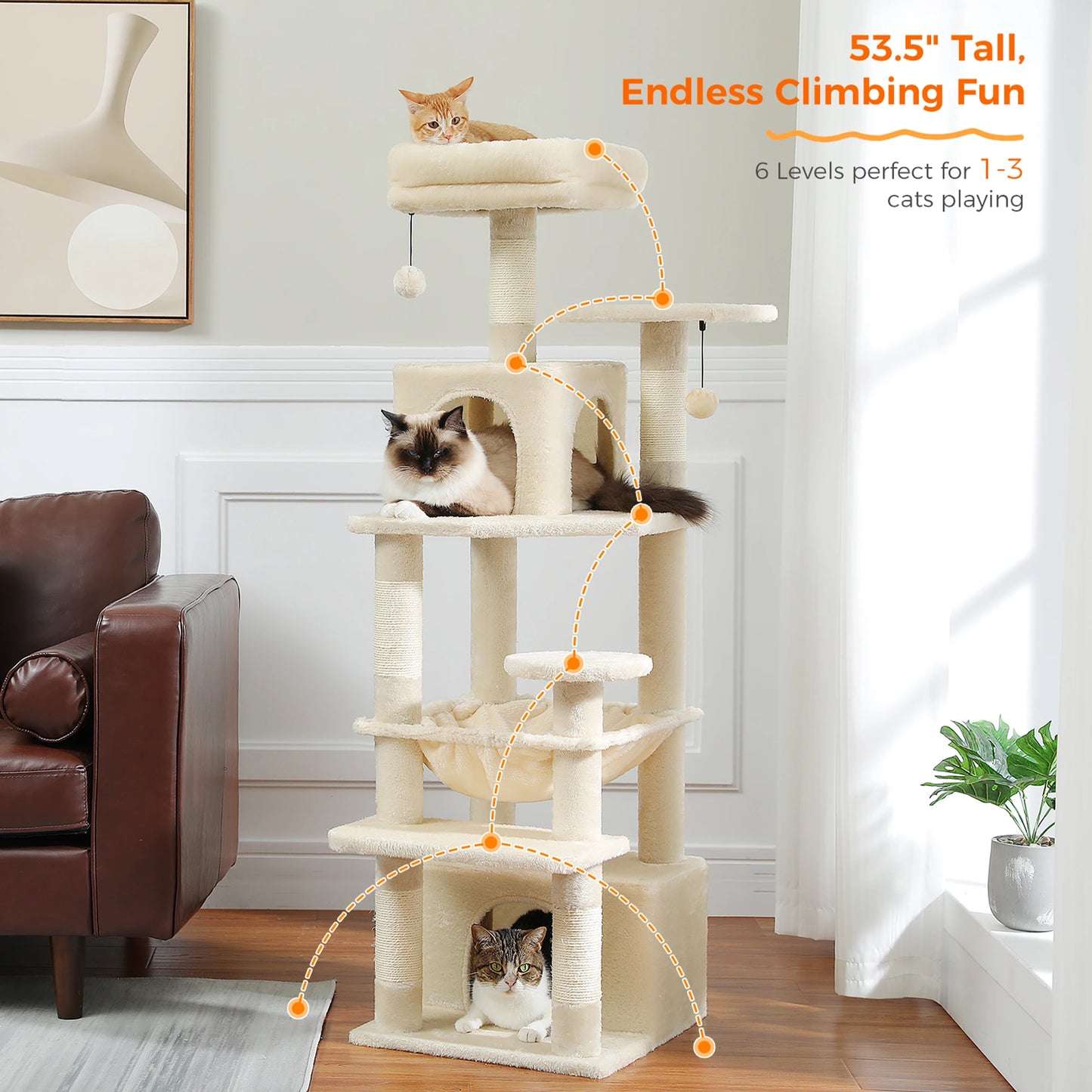 Large Cat Tree & Tower – Indoor Cats Playhouse with Scratching Posts, Hammock, Padded Perches & Condos