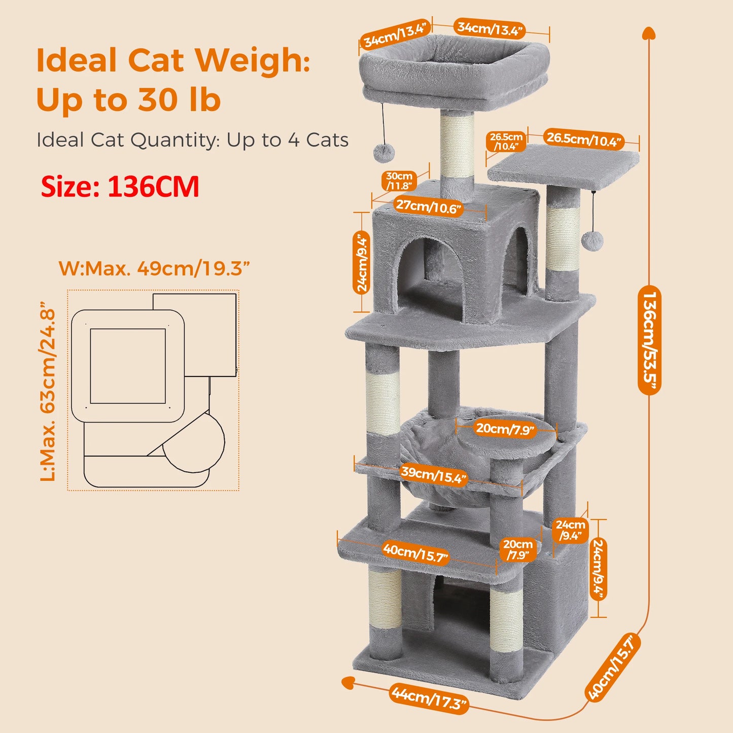 Large Cat Tree & Tower – Indoor Cats Playhouse with Scratching Posts, Hammock, Padded Perches & Condos