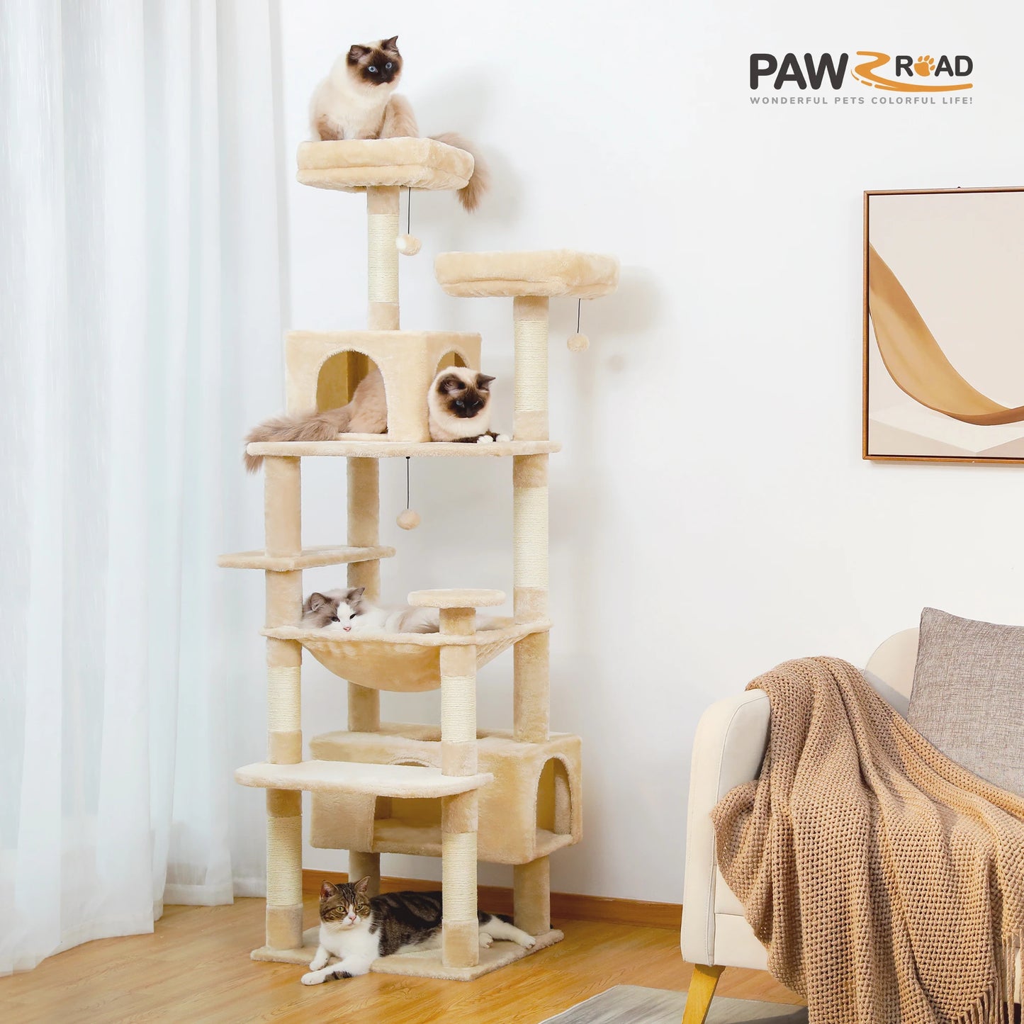 Large Cat Tree & Tower – Indoor Cats Playhouse with Scratching Posts, Hammock, Padded Perches & Condos