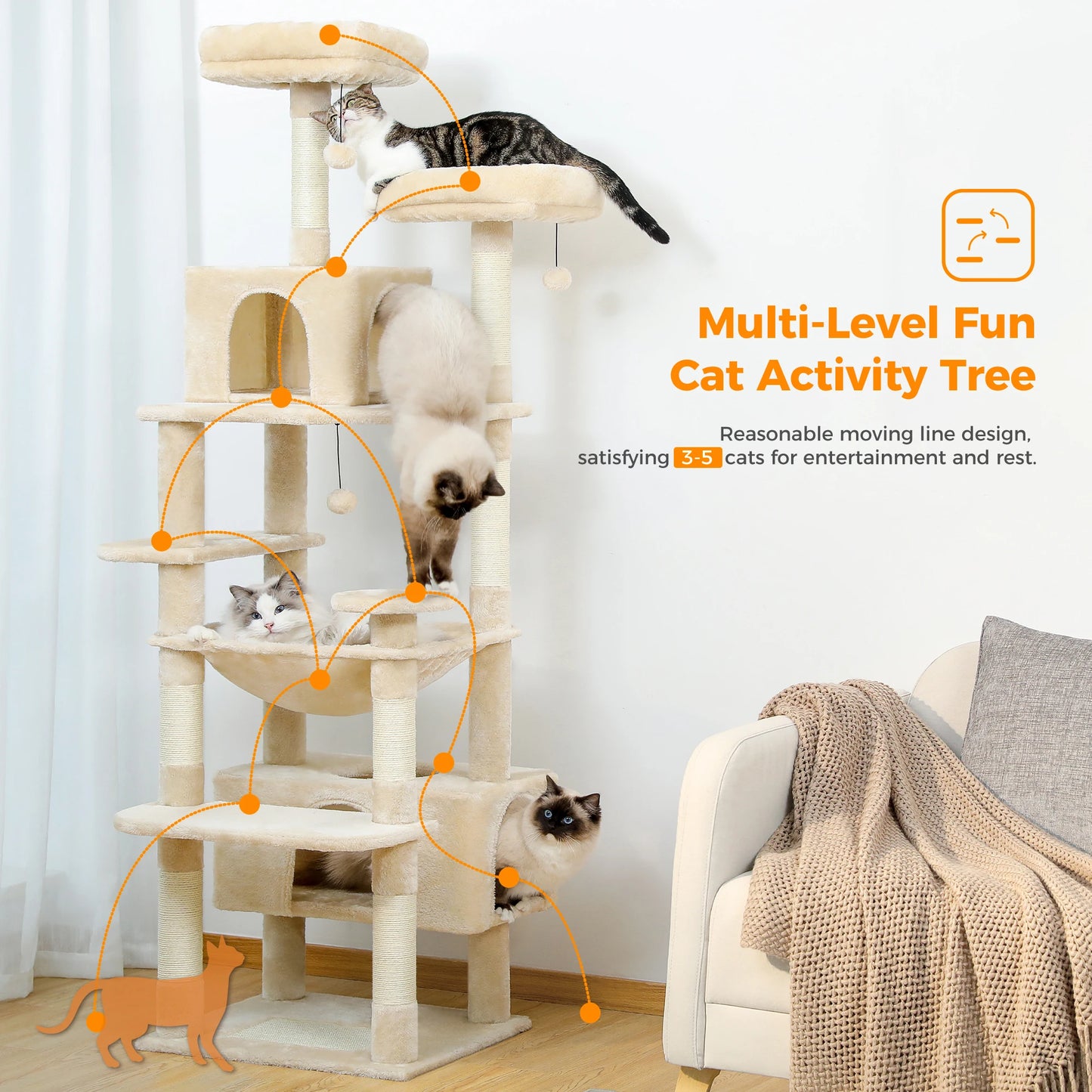 Large Cat Tree & Tower – Indoor Cats Playhouse with Scratching Posts, Hammock, Padded Perches & Condos