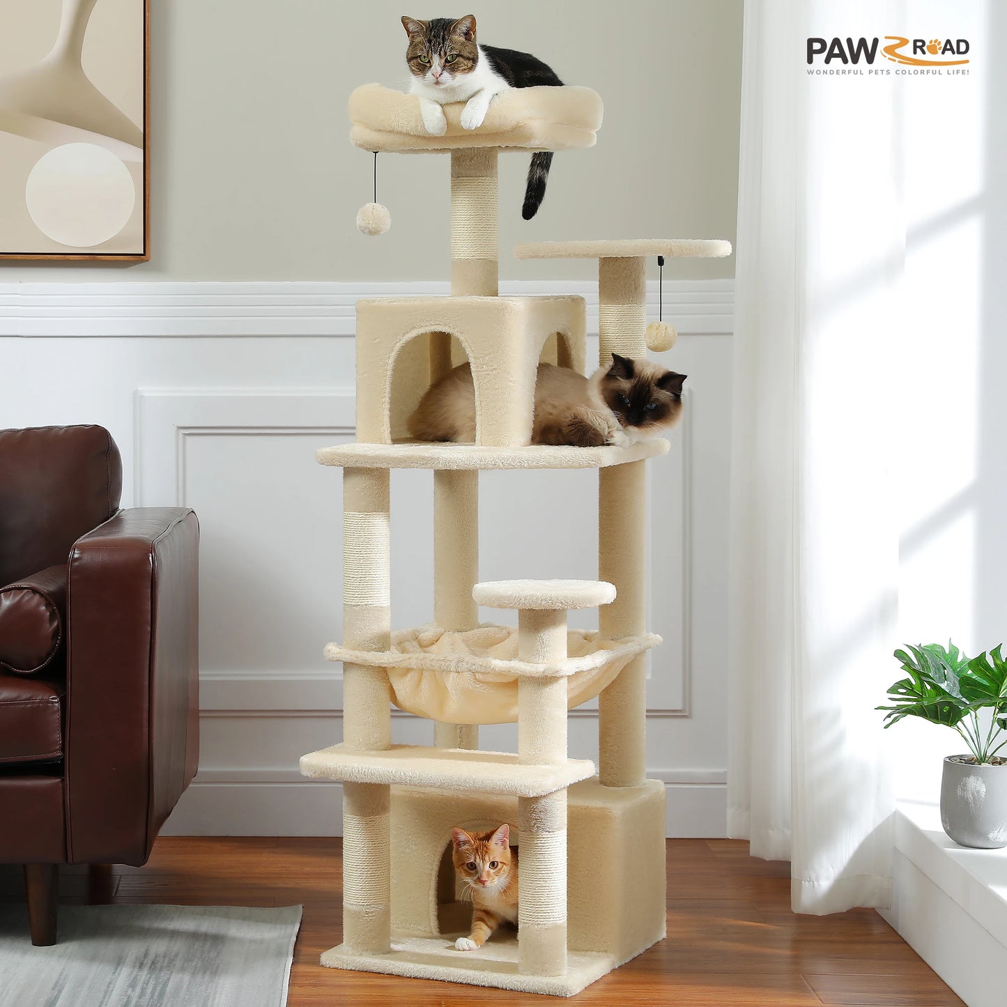 Large Cat Tree & Tower – Indoor Cats Playhouse with Scratching Posts, Hammock, Padded Perches & Condos