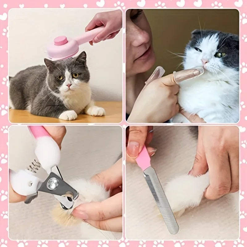 8-Piece Cat Grooming Kit – Self-Cleaning Brushes, Nail Clippers, Flea Comb & Pet Shampoo Bath Brush Pet Shedding