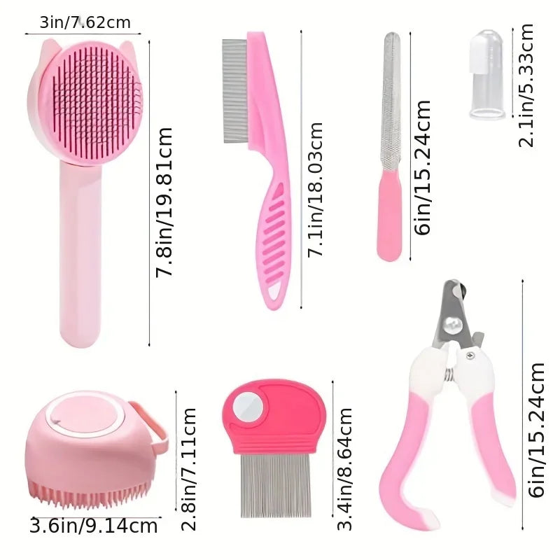 8-Piece Cat Grooming Kit – Self-Cleaning Brushes, Nail Clippers, Flea Comb & Pet Shampoo Bath Brush Pet Shedding