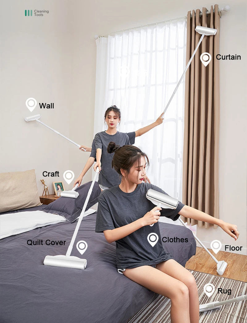 Long Handle Lint Roller Brush – Retractable Pet Hair Remover for Clothes, Bed, Sofa & Carpet – Tearable Dust & Fur Removal Tool