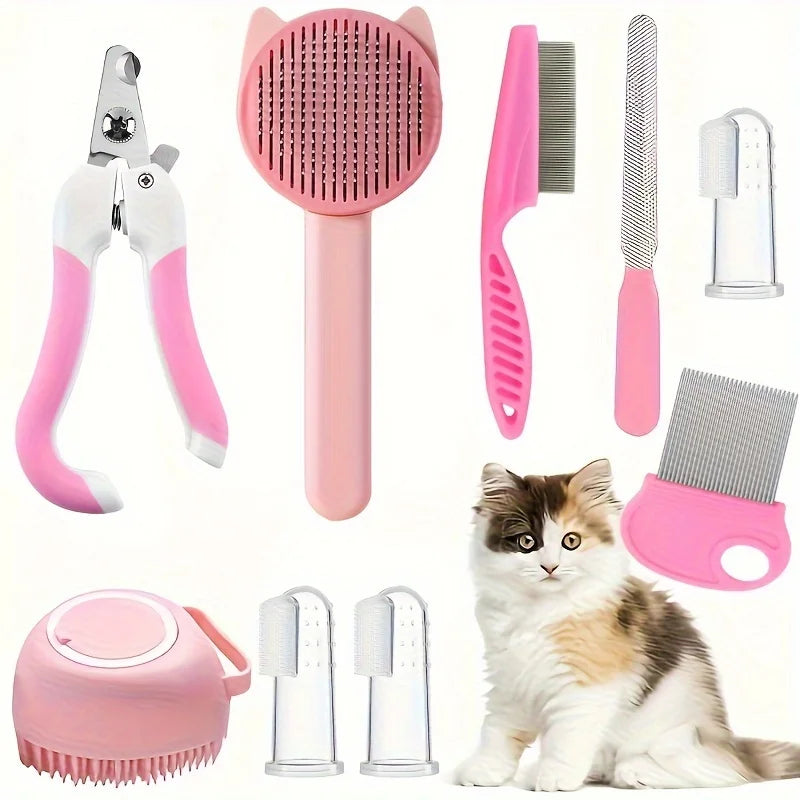 8-Piece Cat Grooming Kit – Self-Cleaning Brushes, Nail Clippers, Flea Comb & Pet Shampoo Bath Brush Pet Shedding