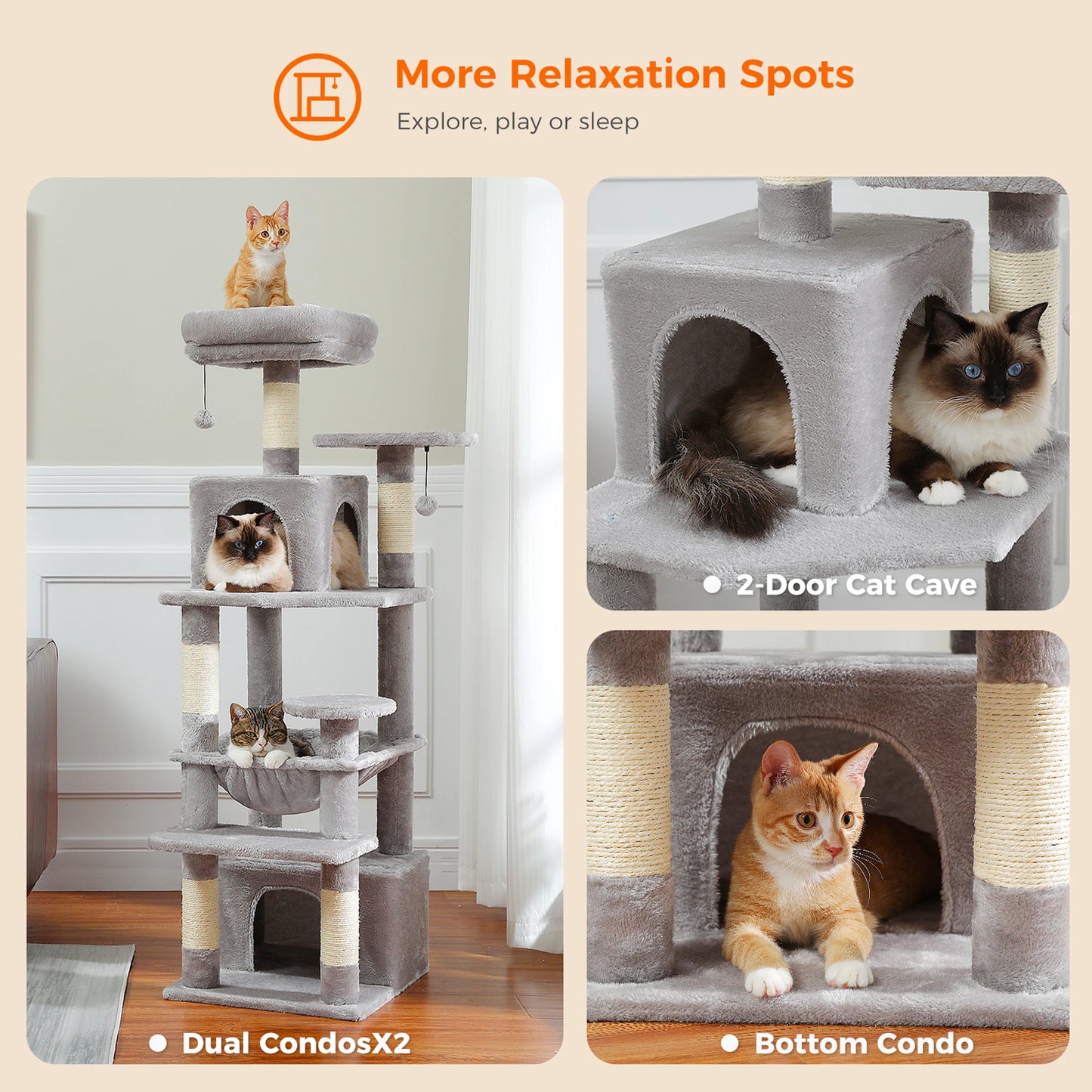 Large Cat Tree & Tower – Indoor Cats Playhouse with Scratching Posts, Hammock, Padded Perches & Condos