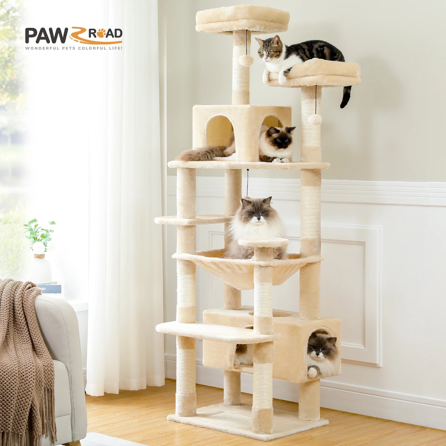 Large Cat Tree & Tower – Indoor Cats Playhouse with Scratching Posts, Hammock, Padded Perches & Condos