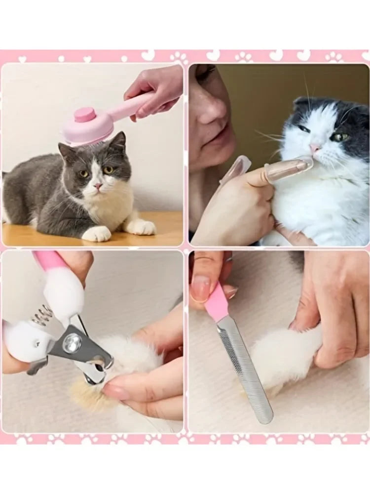 8-Piece Cat Grooming Kit – Self-Cleaning Brushes, Nail Clippers, Flea Comb & Pet Shampoo Bath Brush Pet Shedding